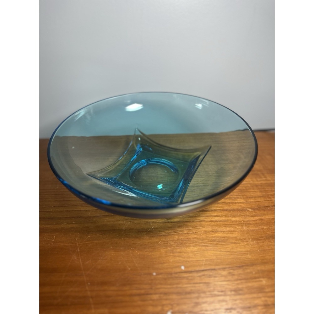 Vintage‎ MCM Blue Art Glass Hazel Atlas Console Bowl 11" Viking Style